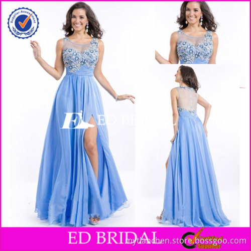 Custom Made Illusion Neckline Sleeveless Split Beading Chiffon Pictures Of Party Dresses